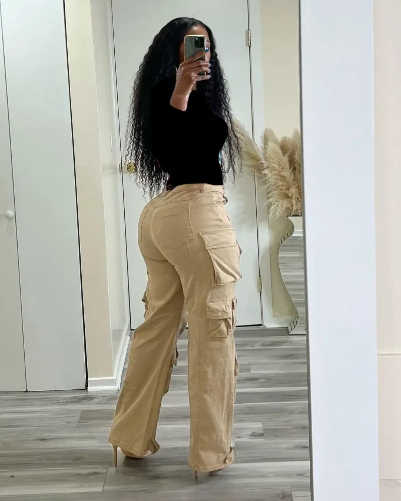 GUWU أزياء المرأة الكاكي الدينيم السراويل واسعة الساق سفاري البضائع الهيب هوب مستقيم الجينز الشارع الشهير