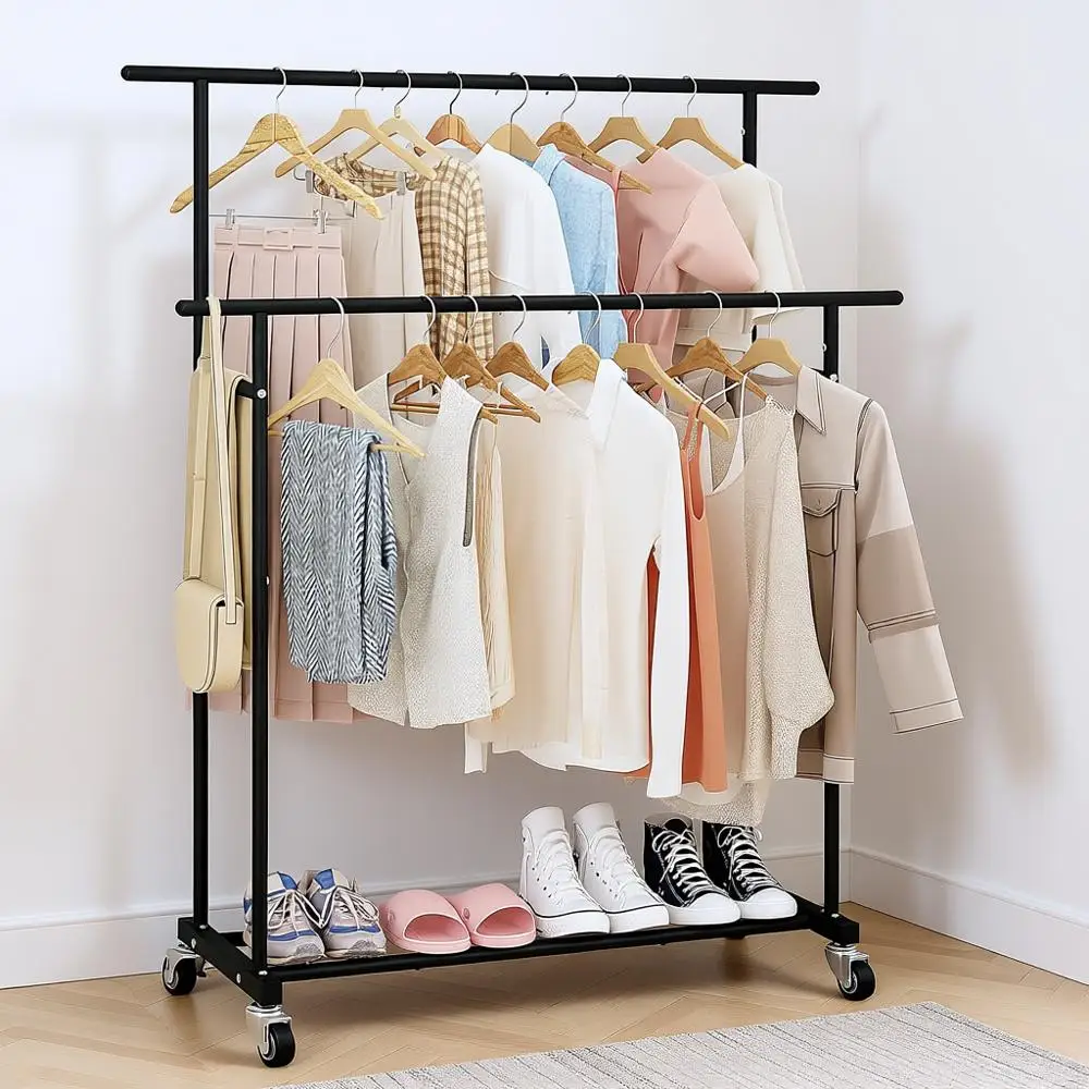 

Двухсекционная напольная вешалка для одежды, портативный органайзер для одежды для спальни, гостиной, магазина одежды, черная