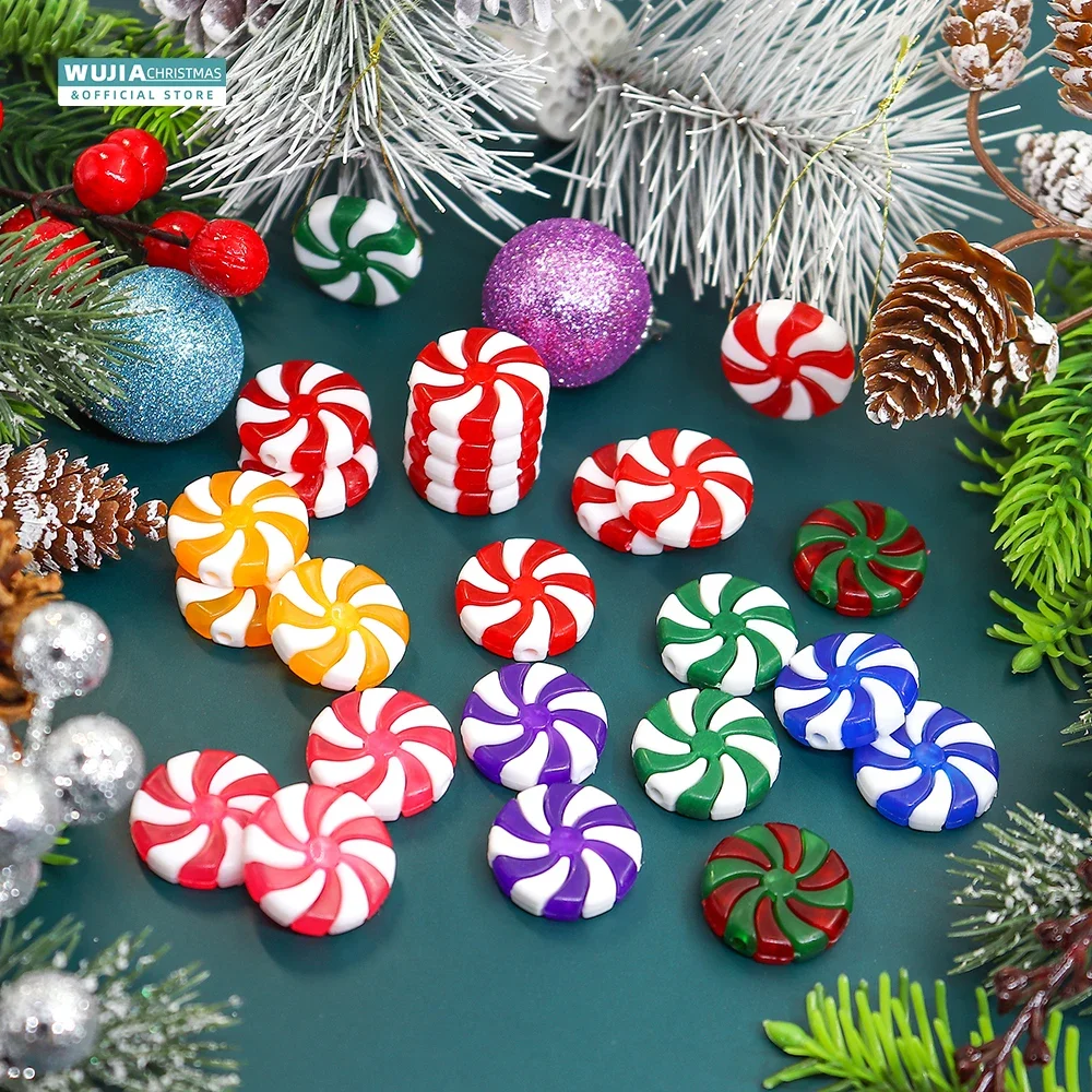 50pcs New Year Acrylic Candy DIY Xmas Tree Hanging Christmas Fake Candies Peppermint Ornaments for Holiday Party Decor Supplies