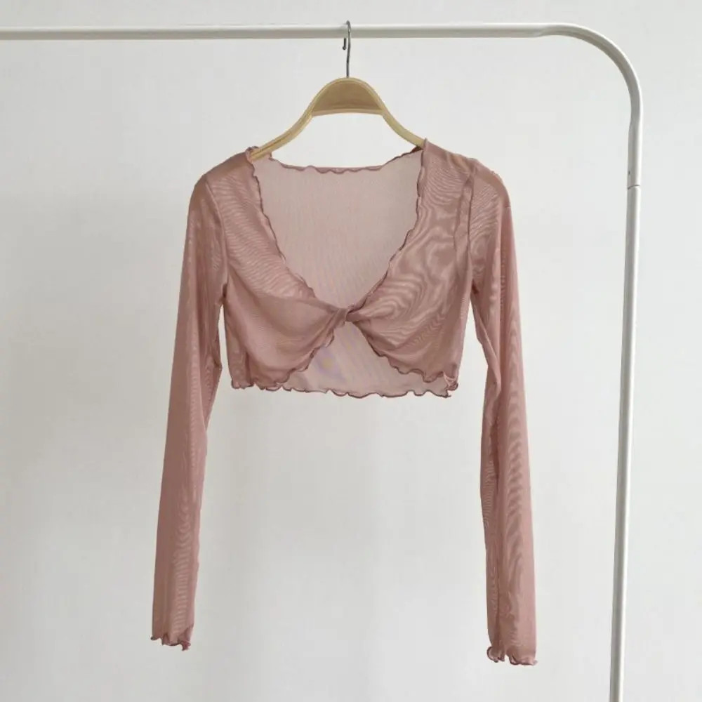 Fashion Ruffle Mesh Knot Cardigan See Through Long Sleeve Sun Protection Tops V-neck Beach Wear Transparent Cardigan Women