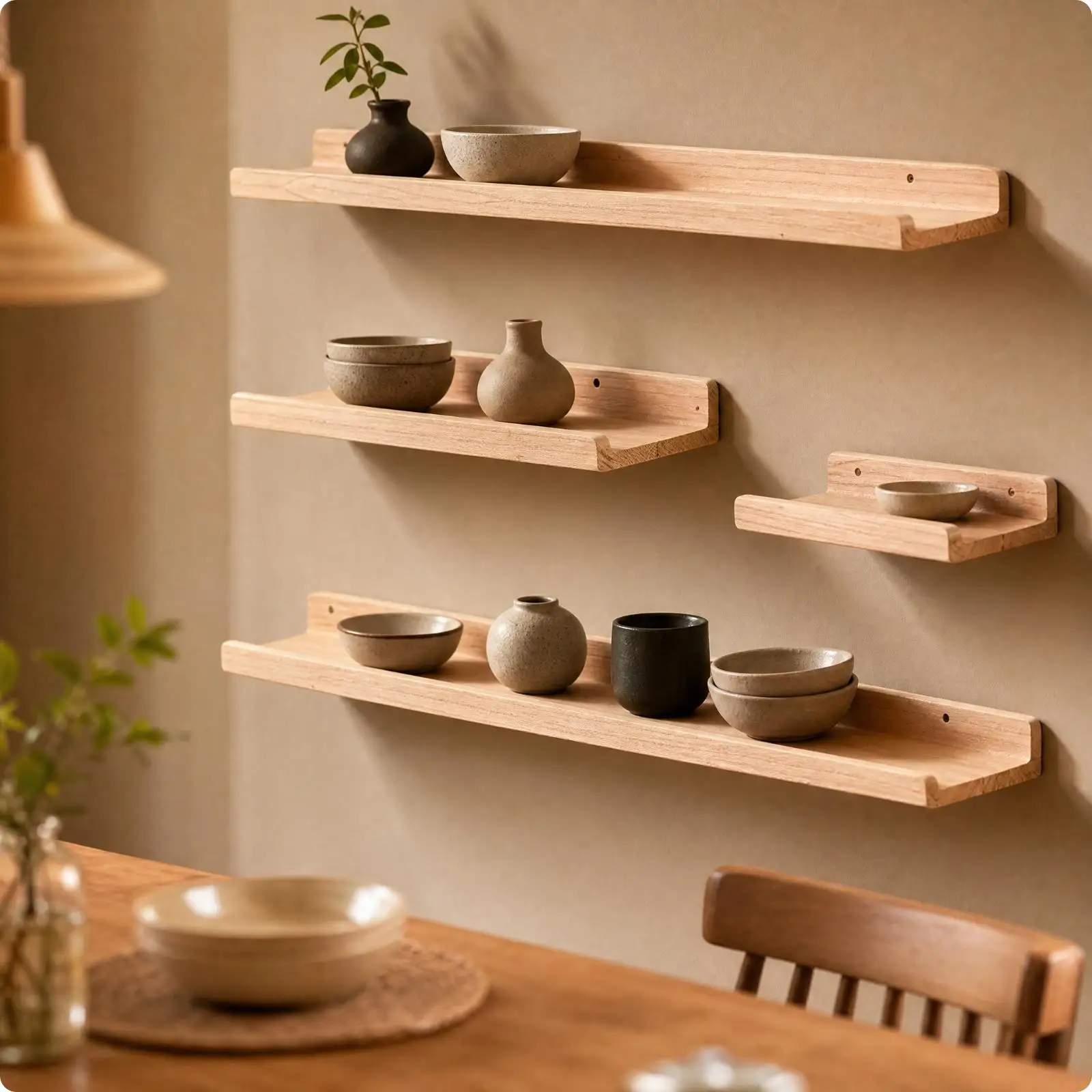 Space Saving Floating Shelf Solid Wood with Retaining Edge for Entryway Photo Frame and Small Items