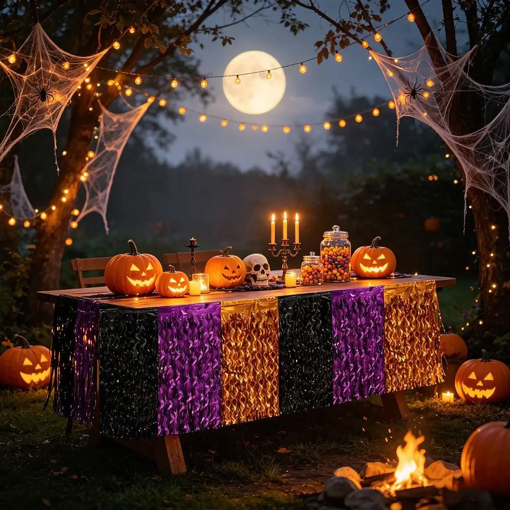 Black Purple Orange Halloween Table Skirt Metallic Tinsel Waving Gradient Foil Fringe Table Skirt PET Decorative Table Skirt