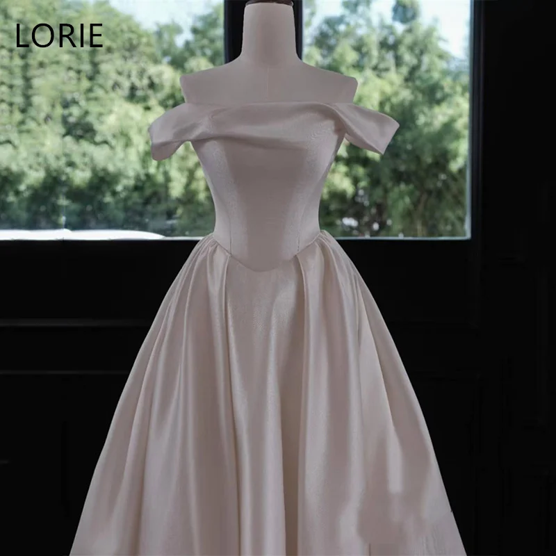 

LORIE A-Line Satin Wedding Dresses Off Shoulder Pleat Bride Prom Gown Sleeveless Floor-Length Elegent Bridal Gown Customized
