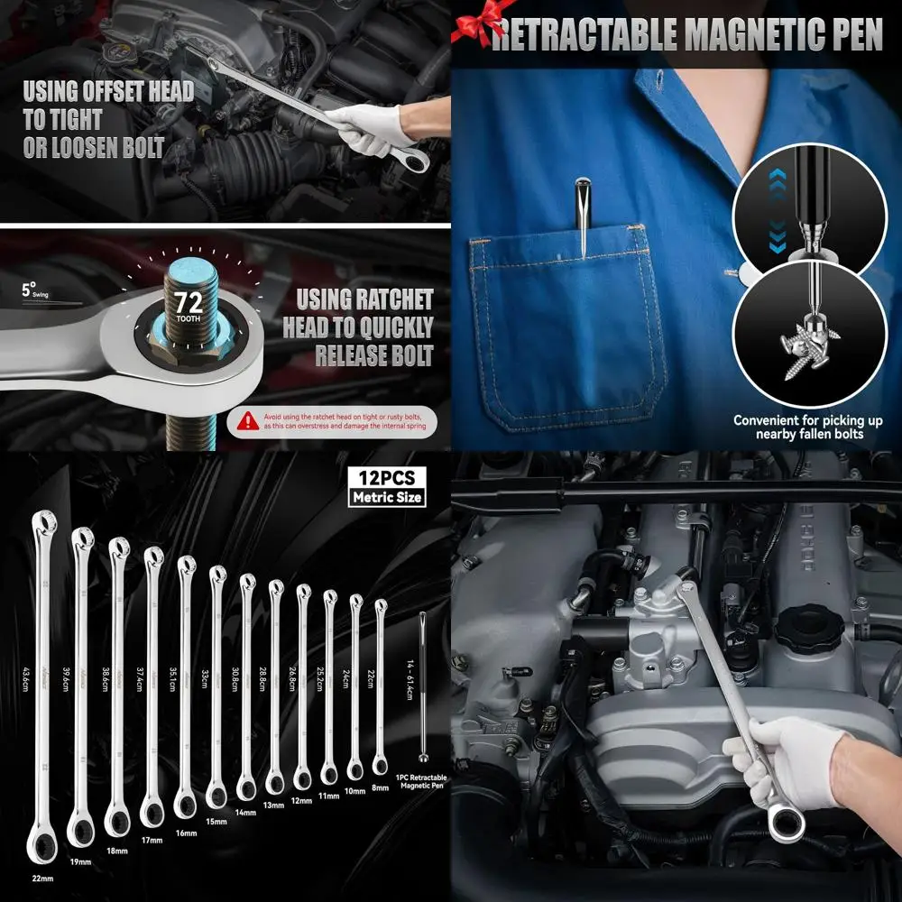 

Набор удлиненных трещоточных ключей 12 + 1 шт., метрический, 8-22 мм, двусторонний, с магнитным захватом, Secret