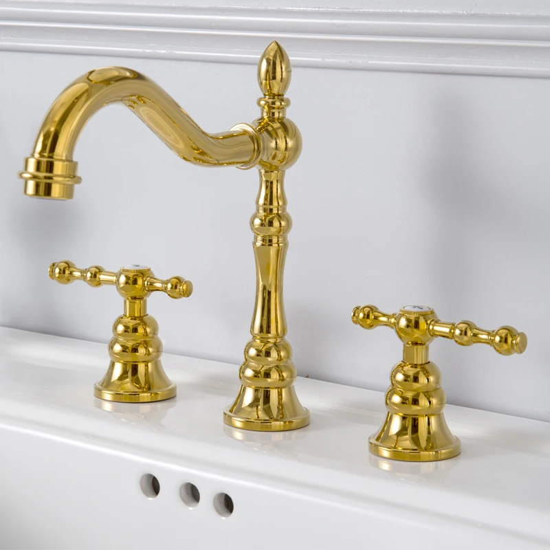 

European style Golden Brass Bathroom sink faucet Three Holes Two Handles Wash basin Faucet Hot Cold Artistic Gold Bathroom Tap