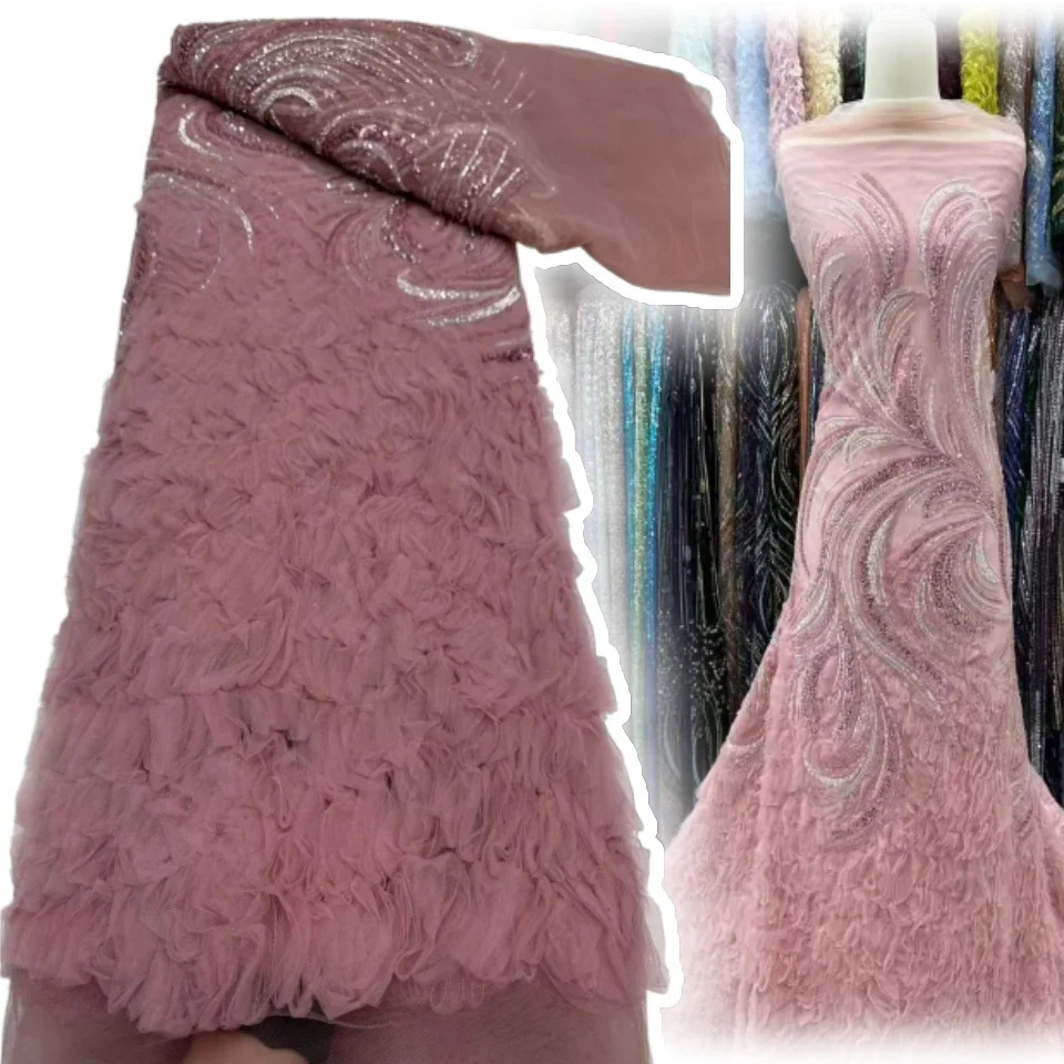 

African Pink 3D Lace Fabric Nigerian Beads Lace Fabric Sequin High Quality French for Women Party Wedding Lace Dresses CC1368