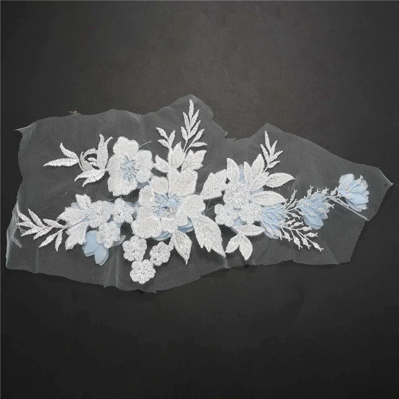 

【SEE】3X Beaded Hot Drilling Lace Bridal Beaded Flowers Embroidery Patches For Clothing Wedding DIY Decor Sky Blue