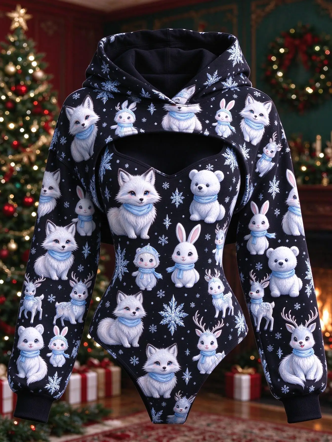 Christmas Women 2 Piece Set Black Cute Corgi Cat Piggy Santa Hat Snow Print Bodysuit & Hooded Shrug Xmas Party Outfit view 2