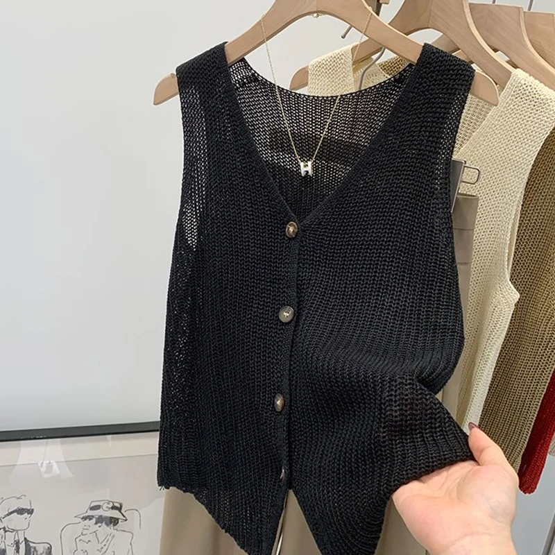 Summer Korean Cotton And Linen Fashion Casual Solid Color Loose V-Neck Vest For Women image 3