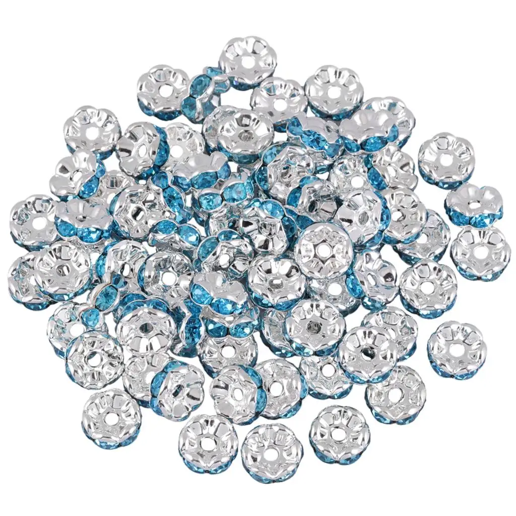 TUMBEELLUWA 8mm Silver Color Rhinestone Wave Edge Rondelle Loose Spacer Beads For Jewelry Making Necklace Bracelet Accessories