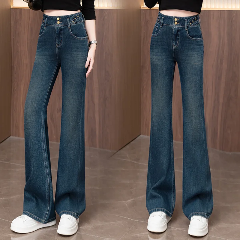 

Модные расклешенные джинсы для женщин, весенне-осенние новые тонкие свободные брюки с высокой талией, простые универсальные прямые расклешенные брюки