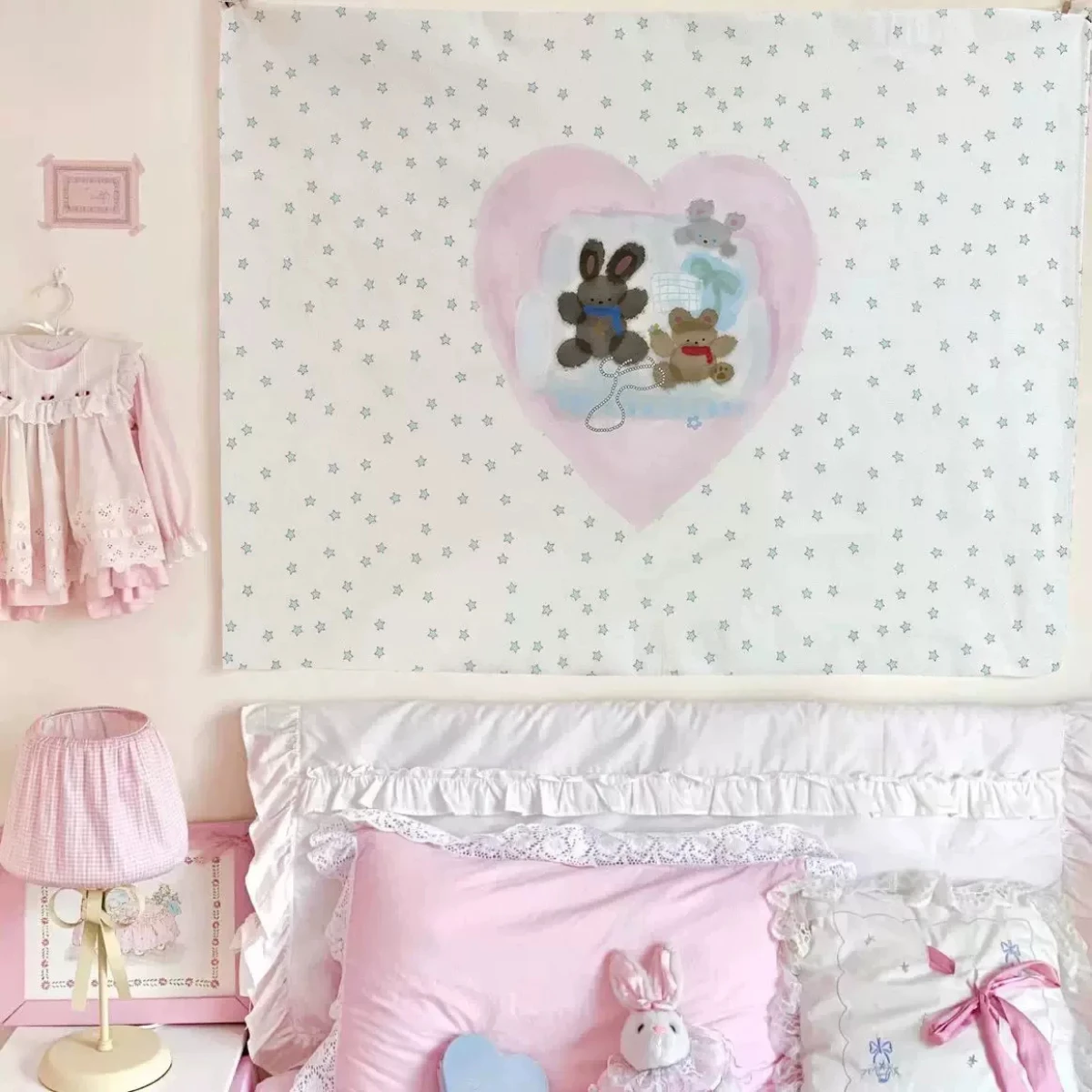 Kawaii Pink Heart Bunny Bear Tapestry Light Blue Star Wall Hanging Cute Cartoon Animal Girls Bedroom Aesthetic Room Decor