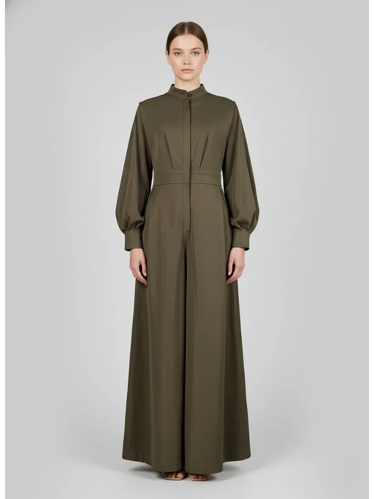 

Women's Solid Color Casual Jumpsuit Stand Collar Long Sleeves High Waist Buttoned Wide Leg Jumpsuit 2025 Stylish Loose Fit Suit