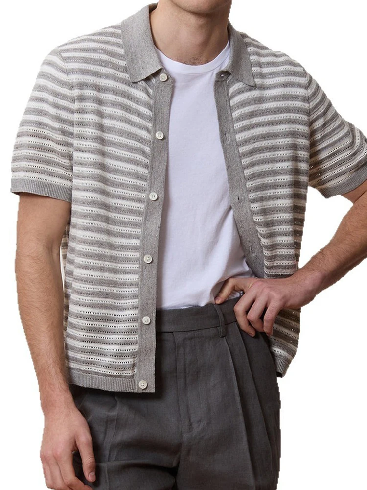 

Vintage Striped Mens Shirts Knitted Turn-down Collar Button Short Sleeve Knit Shirt 2026 Summer Daily Casual Slim Fit Cardigans