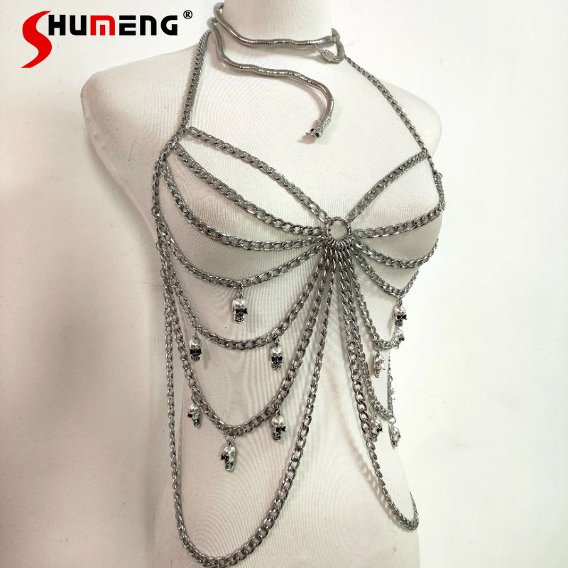 

American Style Sling Y2K Hot Girl Sexy Skull Stainless Steel Chain Chest Strap Streetwear Stage Performance Clothing Accessories