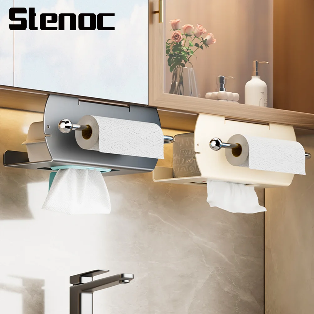 

Grey Punch-Free Kitchen Under Cabinet Paper Towel Holder Hanging Toilet Roll Paper Holder Towel Rack Carbon Steel Storage Rack