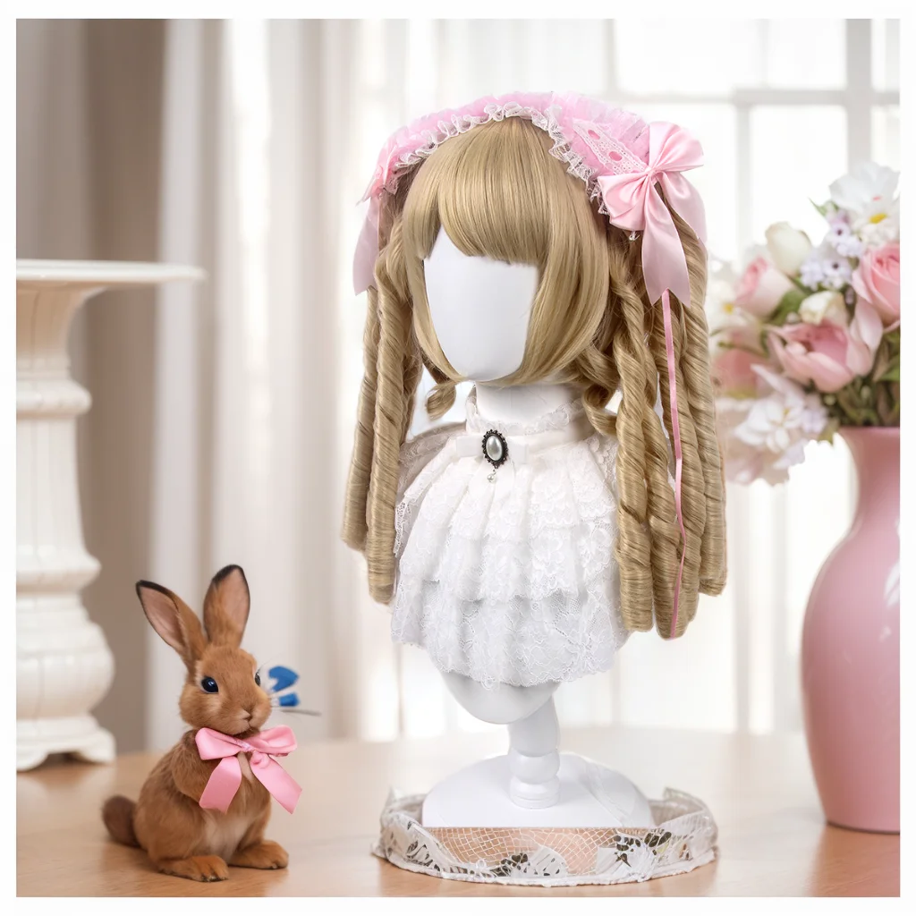 REEWES Long Curly Twin Ponytails Synthetic Wig Bangs Lolita Party Chic Girls Princess Black Golden Blonde Short Heat Resistant