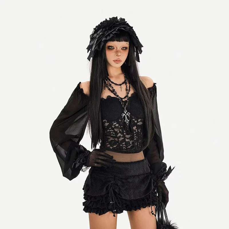 

Женская блузка с кружевными вставками и пышными рукавами в стиле Y2K, летний укороченный топ для уличной моды, модная блузка с кружевной отделкой и открытыми плечами