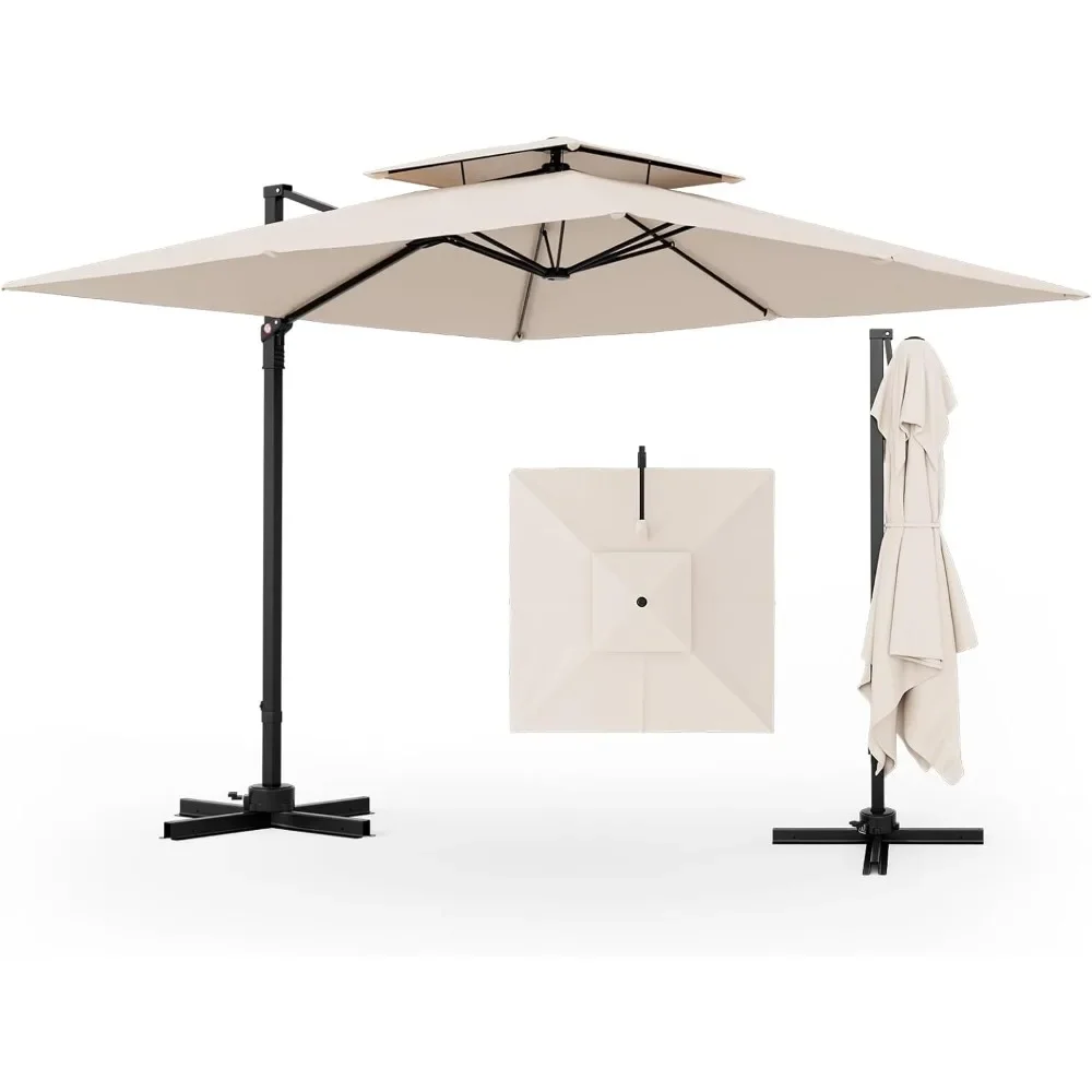 9.5 FT Cantilever Patio Umbrella, Outdoor Square Offset Umbrella with 360 otation, Double Top Heavy Duty Patio Hanging Umbrella