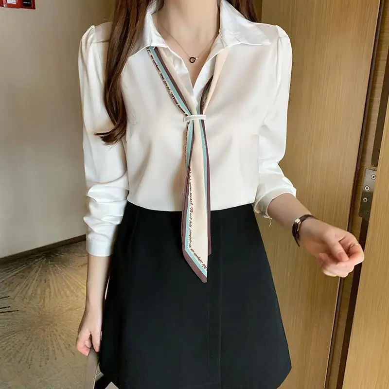 White Chiffon Shirt for Women Spring New Office Lady Long Sleeve Solid Color Temperament Thin Blouse Fashion Elegant Clothing