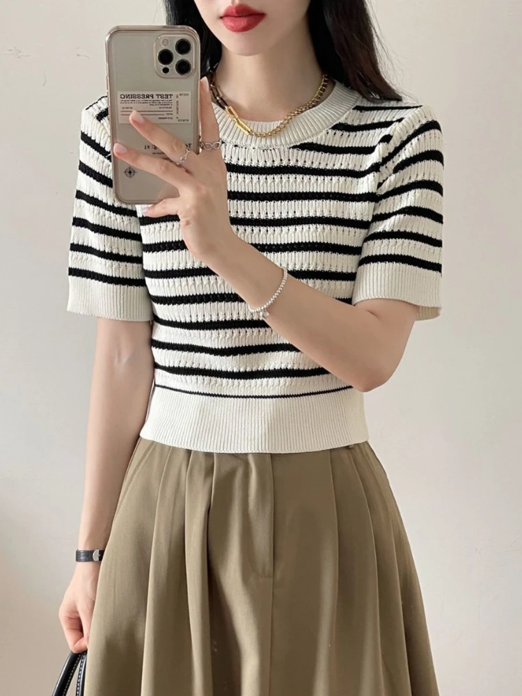 

Женские пуловеры с короткими рукавами, винтажные летние повседневные прямые уютные укороченные универсальные новые эластичные модные пуловеры в корейском стиле в полоску