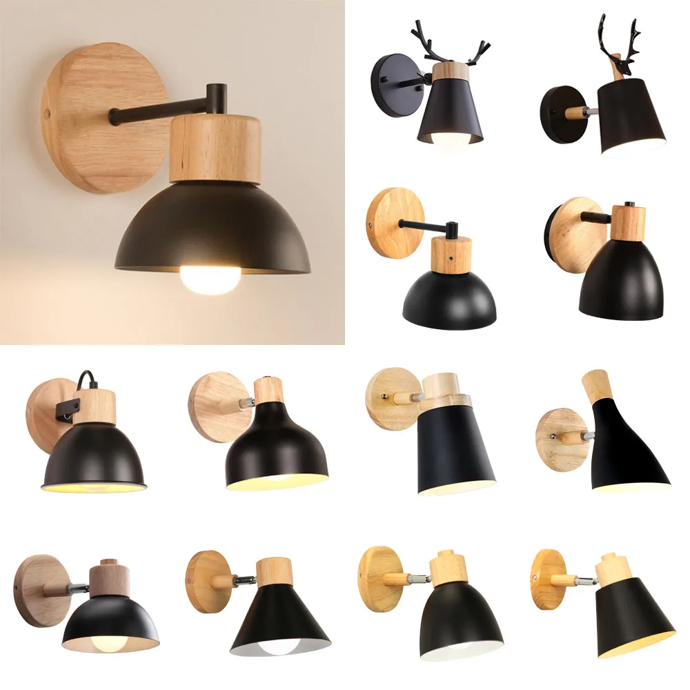 

Nordic Wooden Wall Light Bedroom Bedside Lamp Black Modern LED Home Indoor Lighting Wall Sconce Living Room Aisle Stairs Decor