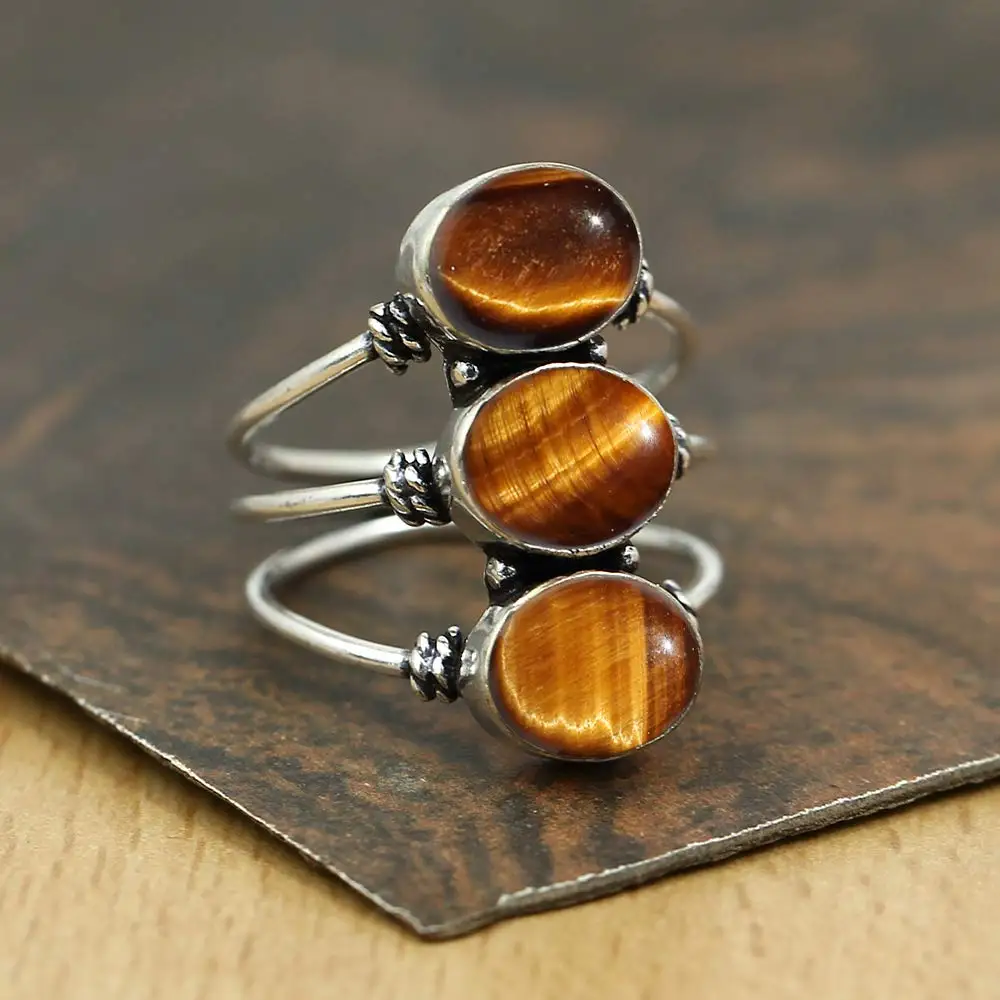 Vintage 925 Sterling Silver Ring Natural TigerEye Stone Oval Retro Three Stone Rings Skeleton Party Gifts Fine Jewelry For Women
