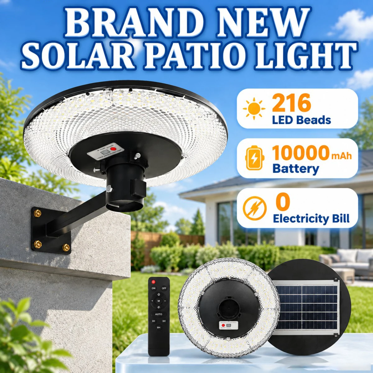 Outdoor Solar Wall Light 216 LED 10000mAh Motion Sensor Patio Light with Remote Control Dusk to Dawn Waterproof Security Light for Garden Yard Garage