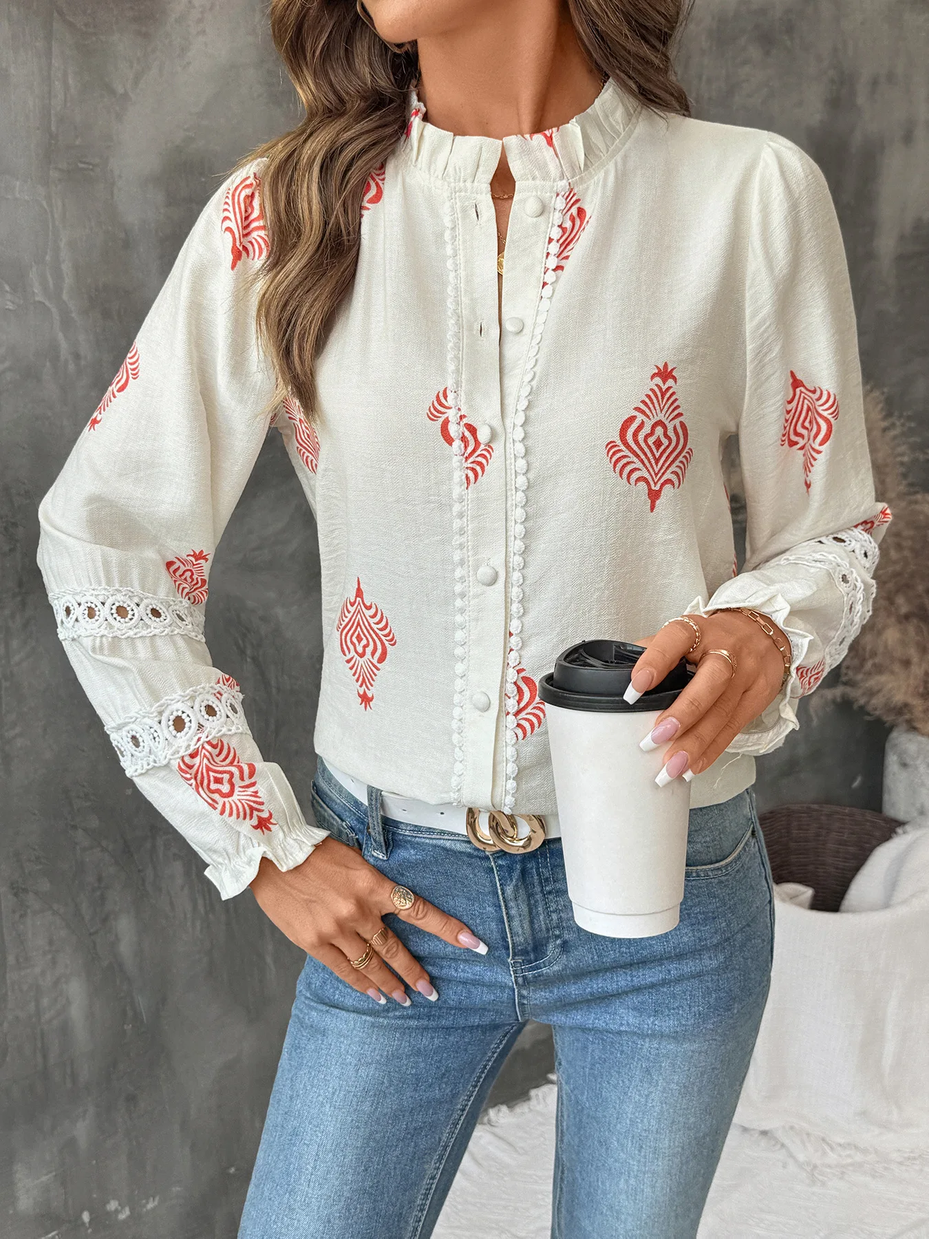 Elegant Viscose Shirts Women Casual Print Button Lapel Blouses Shirts Autumn Lace Splicing Long Sleeve Loose Tops Tunic Blusas