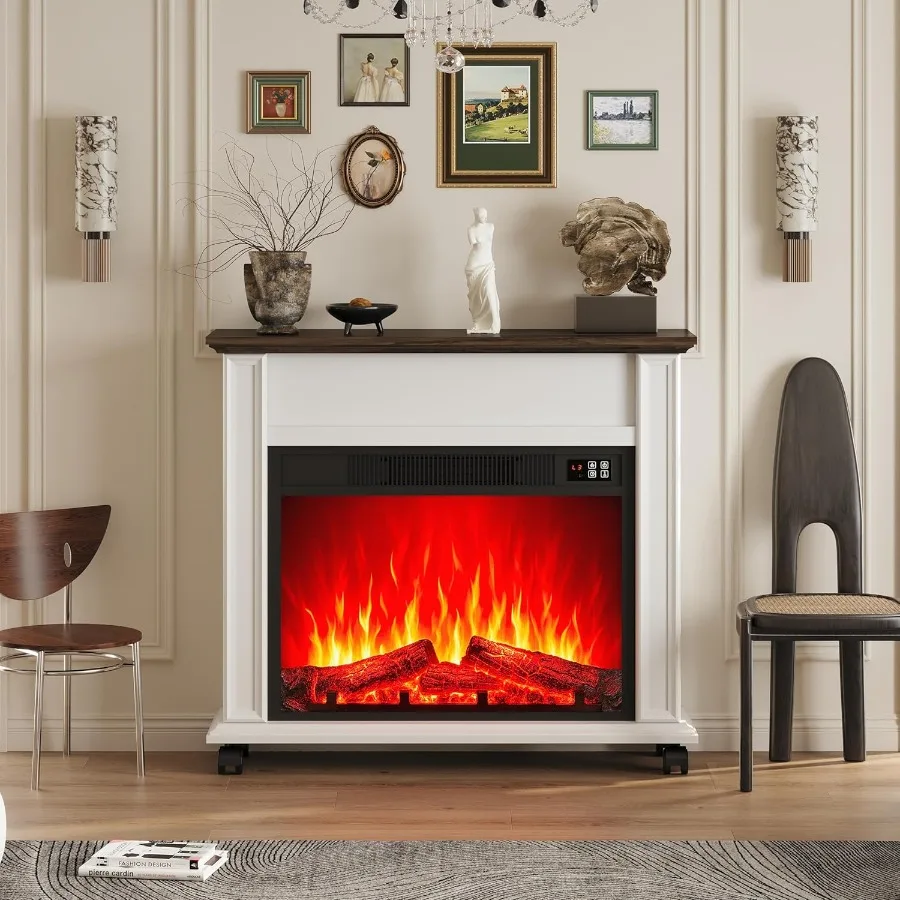 مدفأة كهربائية مع رف المزرعة، مواقد كهربائية، حامل تلفزيون، مدفأة بيضاء، مركز ترفيه مع سخان 23 بوصة