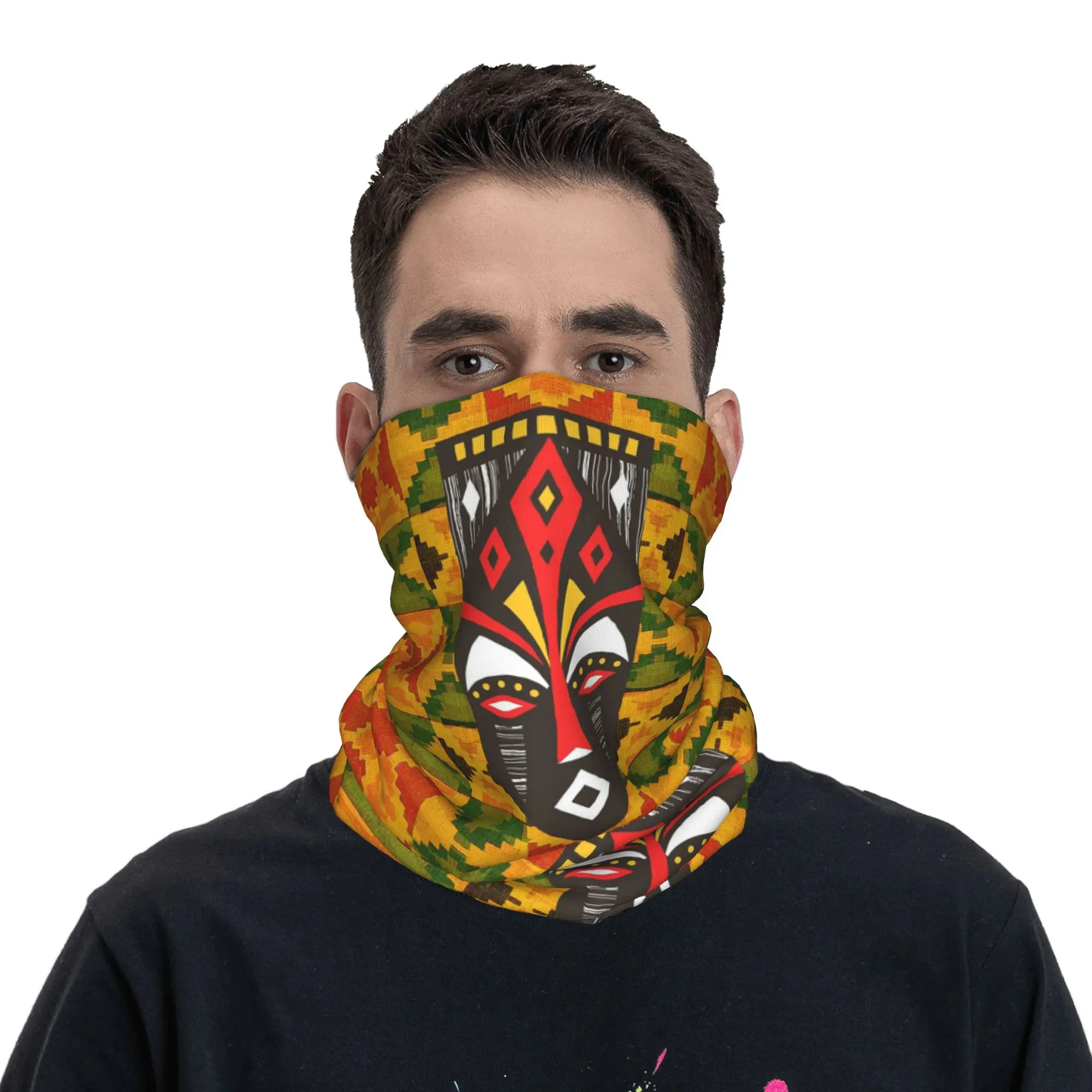 African tribal with black mask Bandana Neck Gaiter Printed Mask Scarf Warm Face Mask Running Unisex Adult