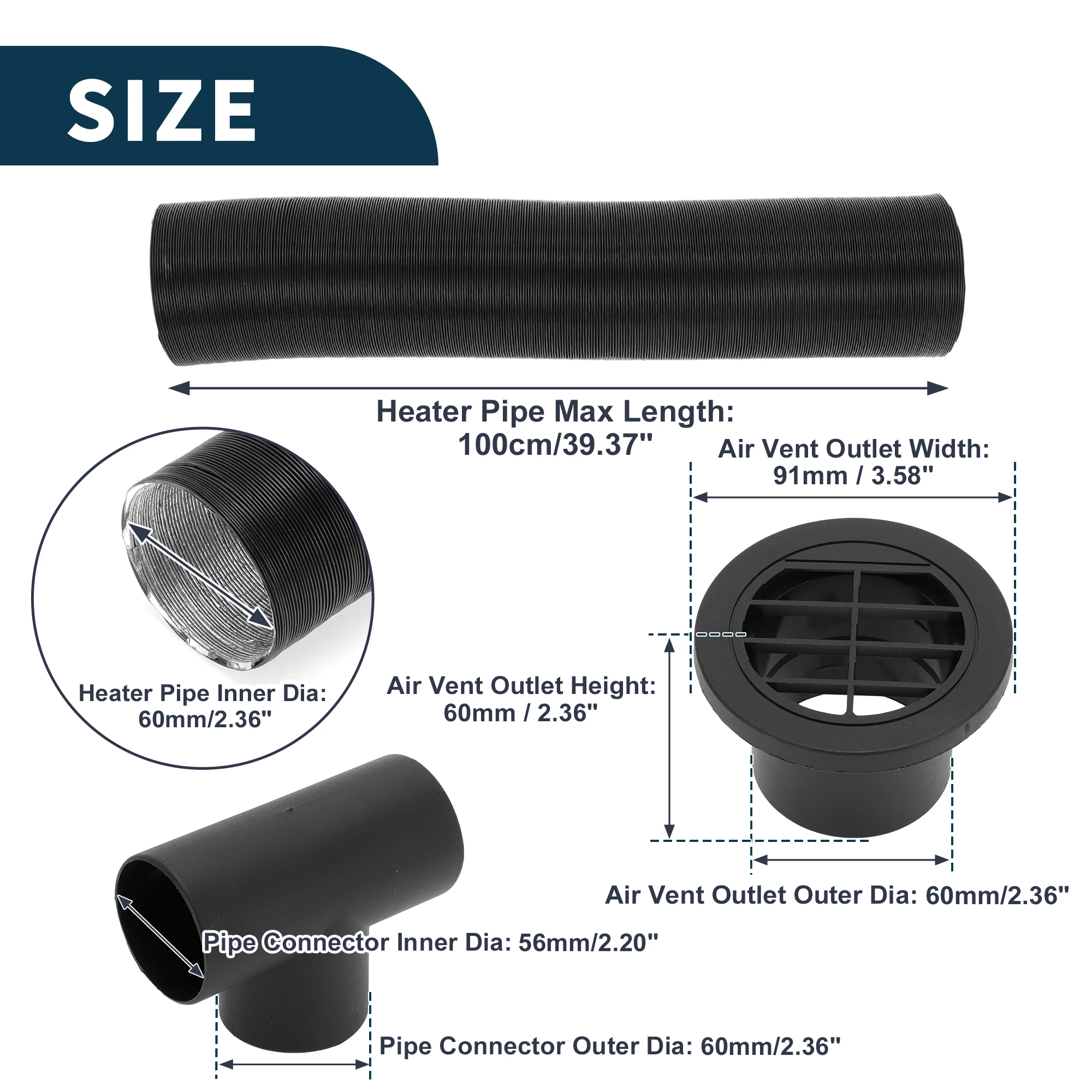 

UXCELL Car Truck RV Bus Van Boat Car Heater Duct Kit Car Heater Duct Pipe Hose Set with Heater Pipe Clamp 60mm ID 100cm Max l