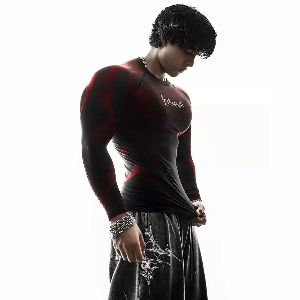 2026 Men American Tight High Stretch Long Sleeve T Shirt Muscle Fitness Sports Gym Training Athletic Top Long Sleeve Fitness