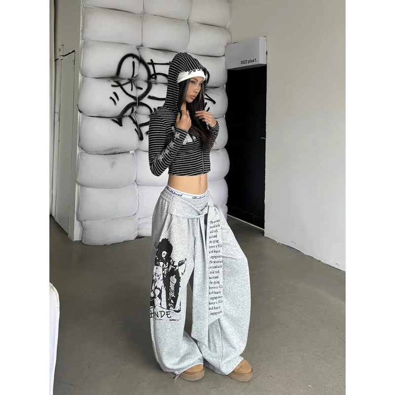 ZHIZOU Women's Gray Baggy Letter Print Sweatpants Oversize Dance