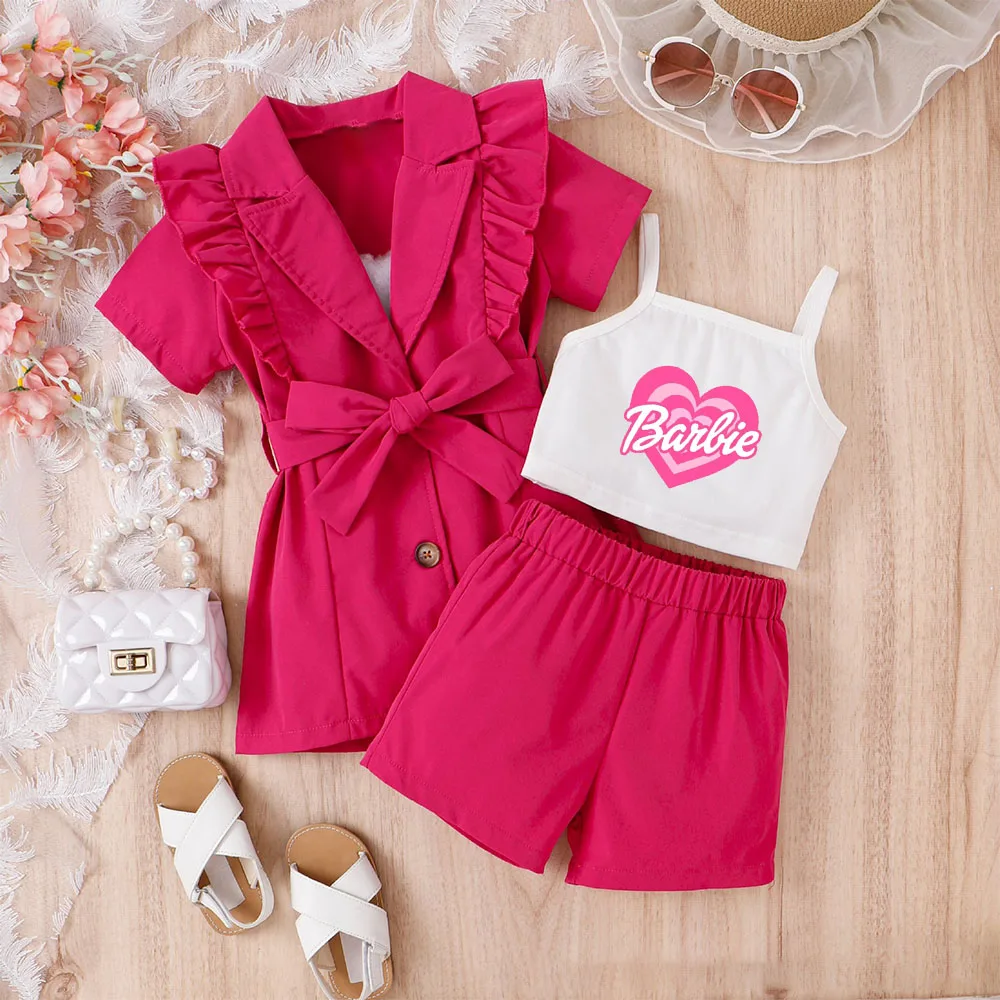 

3Pcs Barbie Girl's Blazer Sets Pink Ruffles Lapel Blazer Coat+Crop Top+Shorts Fashion Kids Clothes Girls Elegant for Children