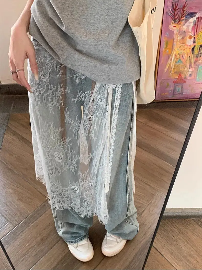 

Женская кружевная юбка-миди с поясом в корейском стиле, А-силуэт, утягивающая, с сетчатыми вставками, цельный дизайн, верхняя одежда