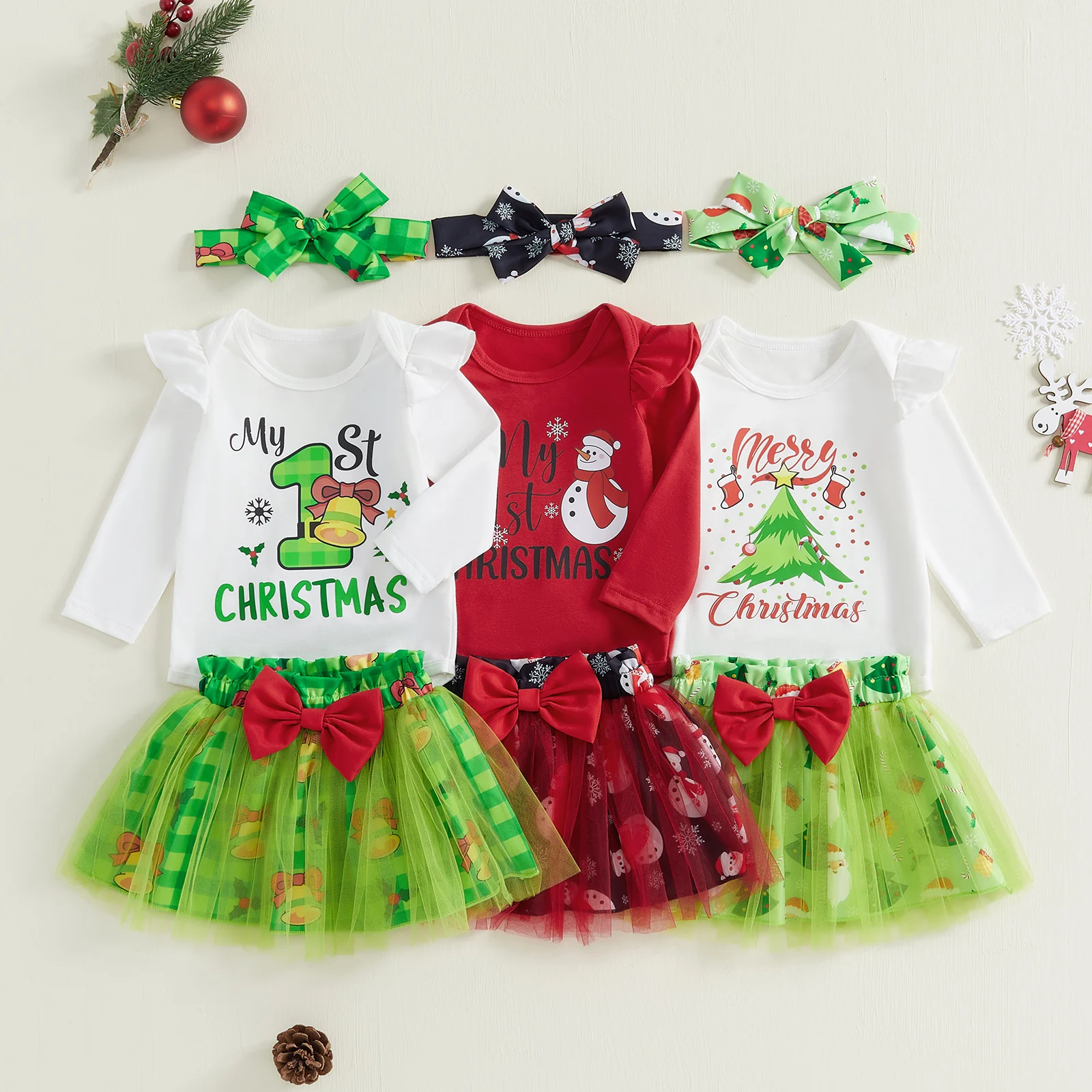 

Baby Girl Christmas Outfit Snowman Print Ruffle Long Sleeve Romper Elastic Waist Tulle Skirt Bow Headband 3 Pcs Set