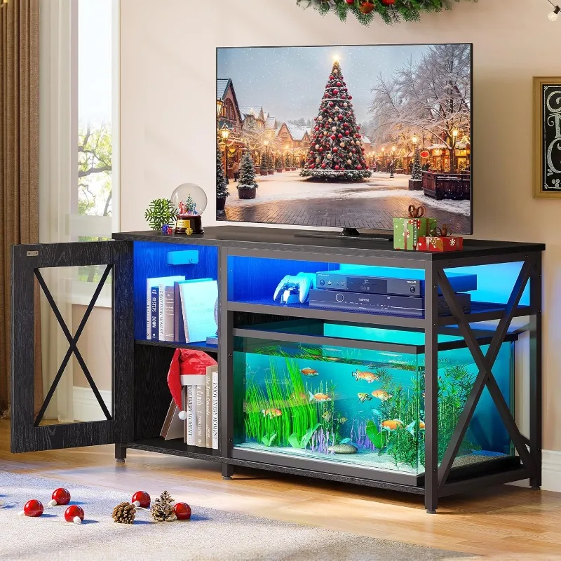 

Aquarium Stand with Power Outlets & LED Light, Cabinet for Fish Tank Accessories Storage - Metal Fish Tank Stand Suitable