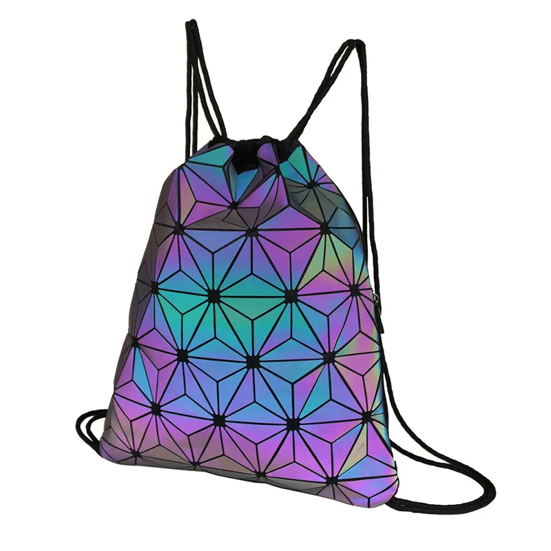 New Women Drawstring Backpacks Holographic Bagpack Female Luminous Geometric Backpack for Teenage Girls School Bag Travel