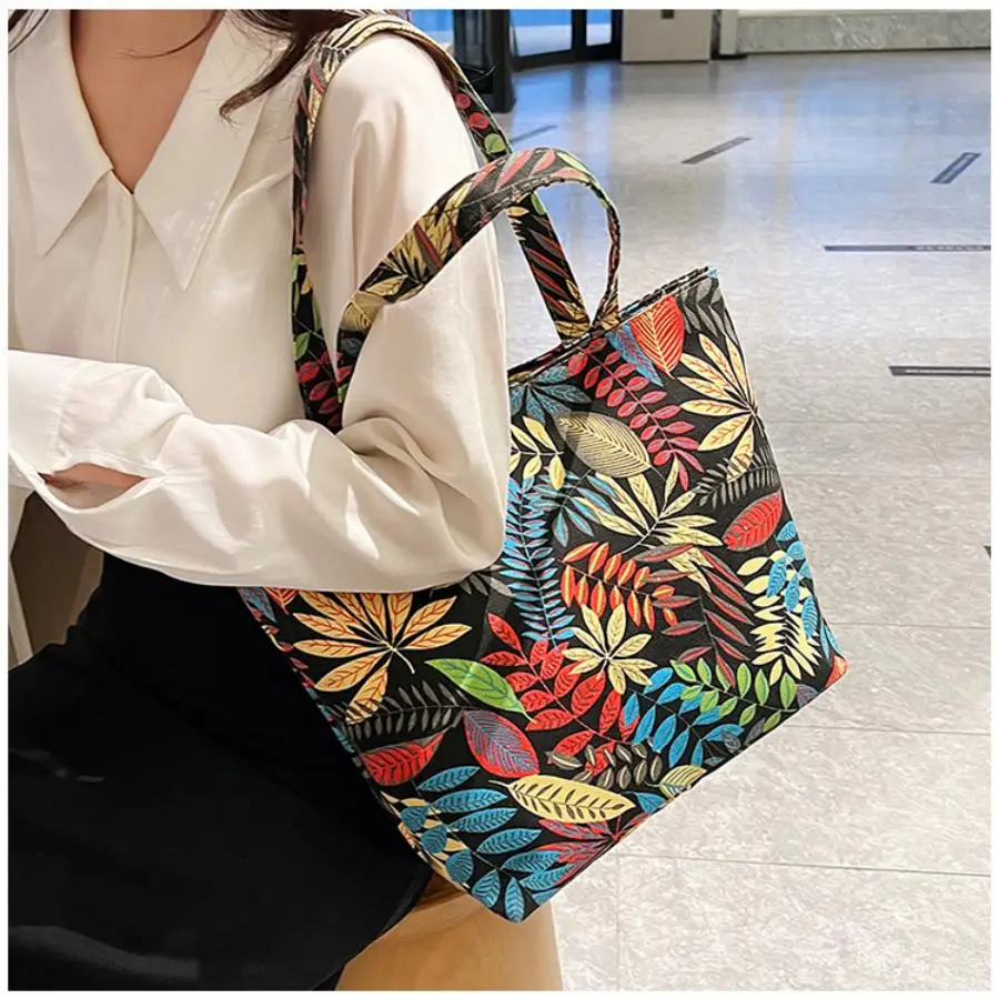 

Women's bag simple new canvas shoulder bag, fashionable ethnic style large capacity shopping bag,