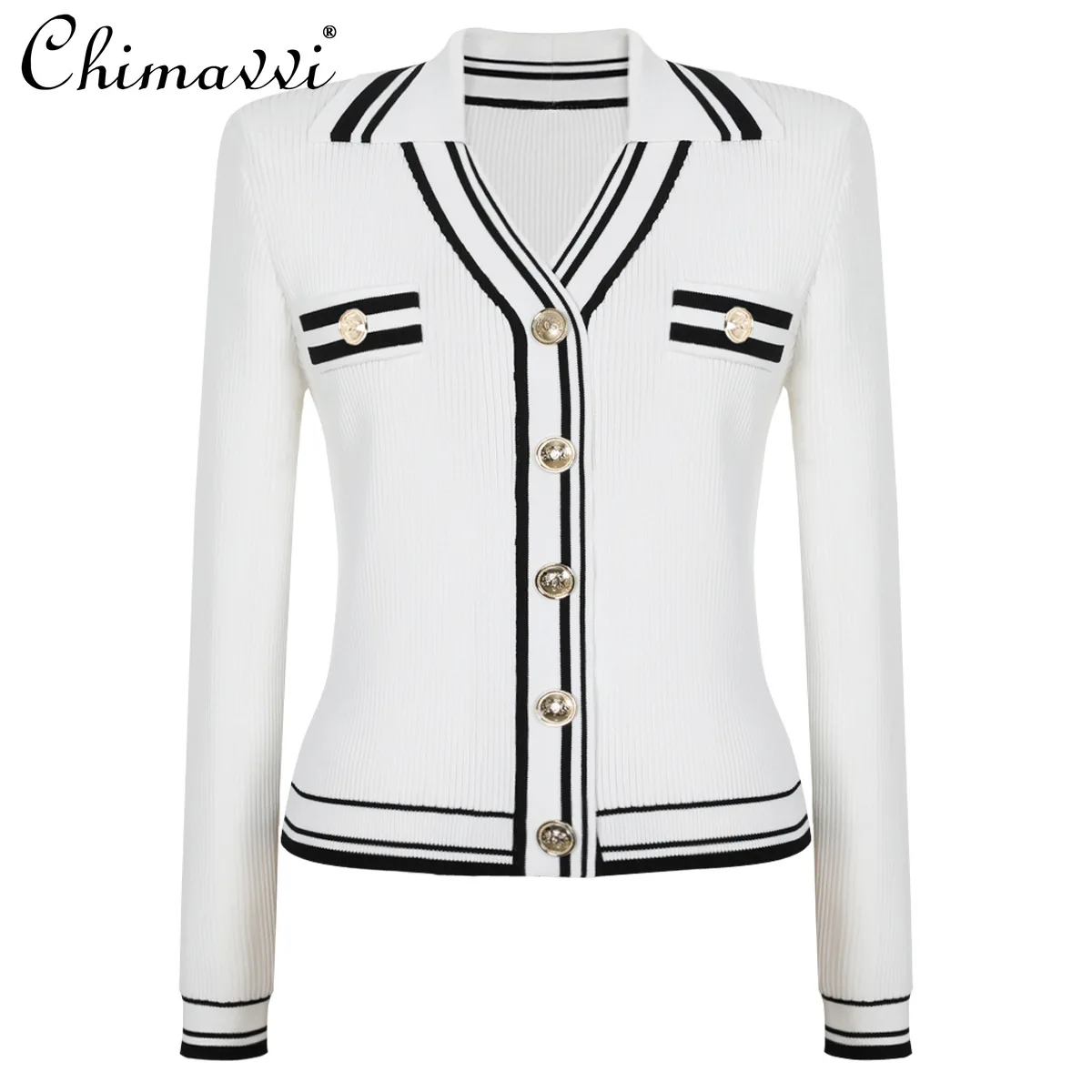 2023 Lente en Herfst Nieuwe Mode Lange Mouw Revers Split Gebreide Trui Veelzijdige Top OL Elegante Slanke Vest Jas Vrouwen