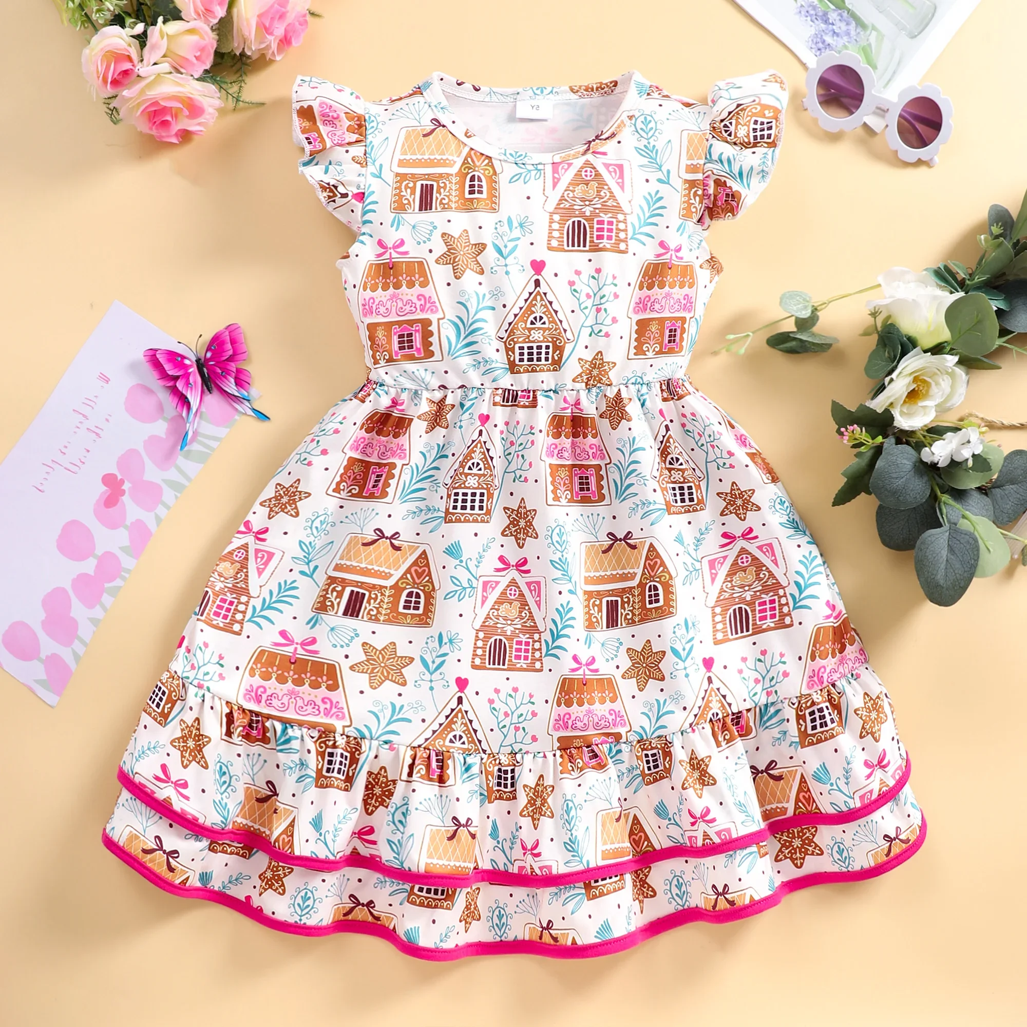 

New Summer Kids Girls Clothing Dress Short Sleeve Bilayer Ruffle Children Dress Casual House Pattern Girls Clothes 3 4 5 6 7 Y