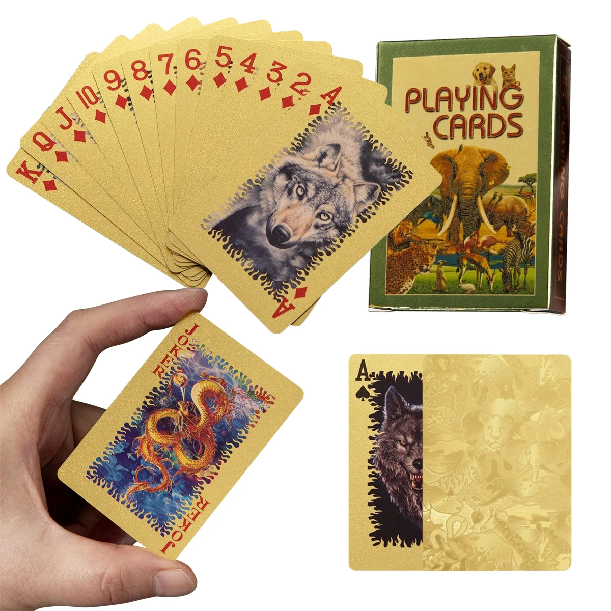 Un juego de 54 cartas de animales, 50 x 74 mm, divertidas y creativas, juegos medianos lavables de plástico dorado, naipes