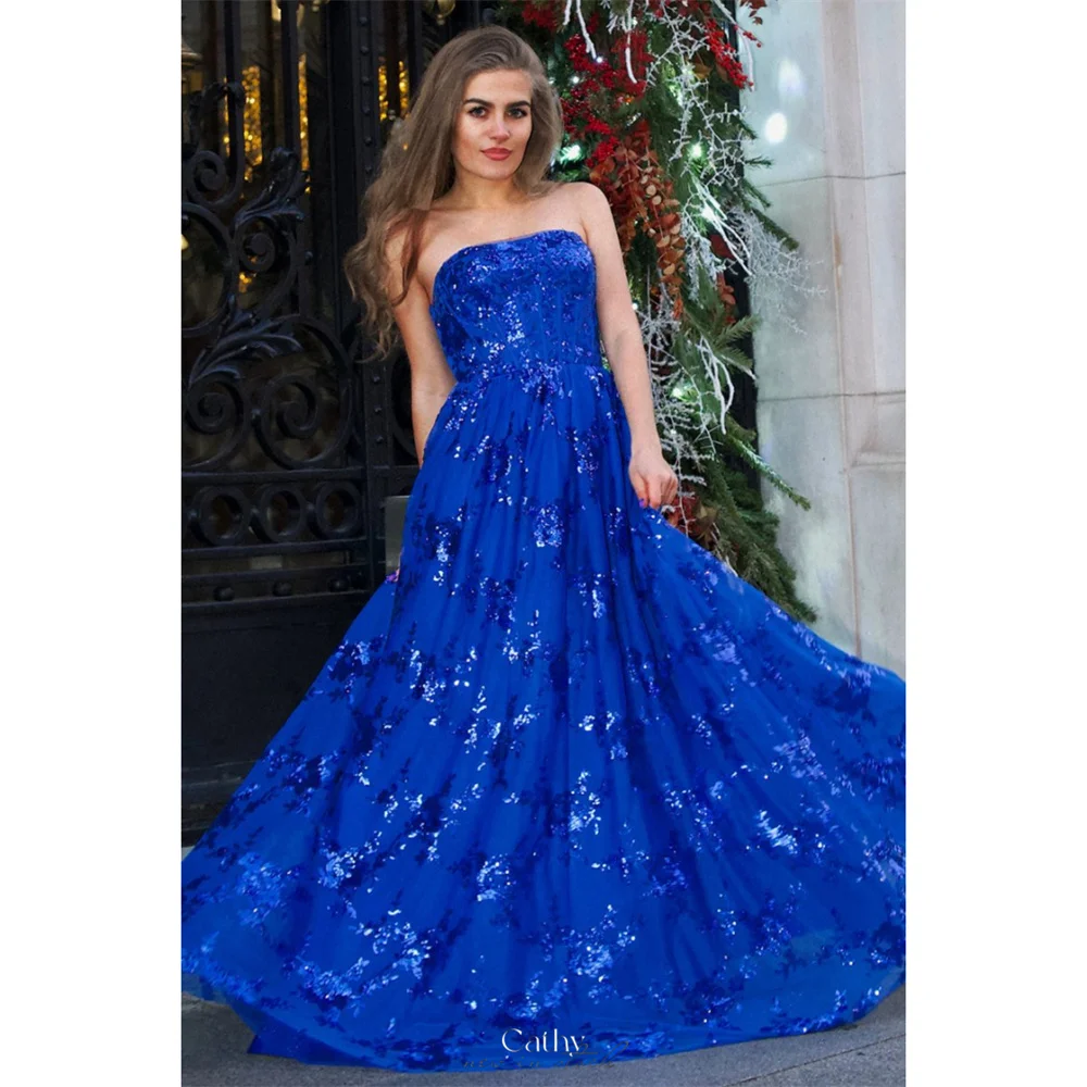 كاثي مخصص الأزرق حمالة لامعة الترتر فساتين لحضور الحفلات الموسيقية ألف خط بلا أكمام vestidos de noiva ثنيات الطابق طول فستان سهرة
