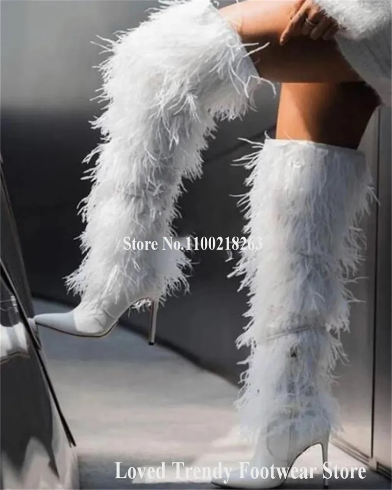 Charming Red White Black Fur Thin Heel Over Knee Boots Sexy Pointed Toe Sweet Long Feather Stiletto Heel Long Boots