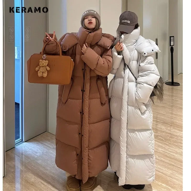 2024 Winter Women Casual Long Sleeve Outerwear Solid Color Hooded Maxi X-Long Parkas Jacket Oversized Single Breasted Warm Coat