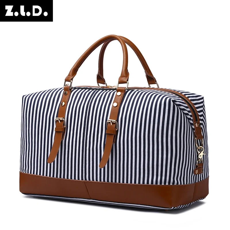 ZUOLUNDUO Women Canvas Travel Bags Striped Travel Tote Large capacity Carry On Luggage Handbags Canvas Handbag Woman Travel bags