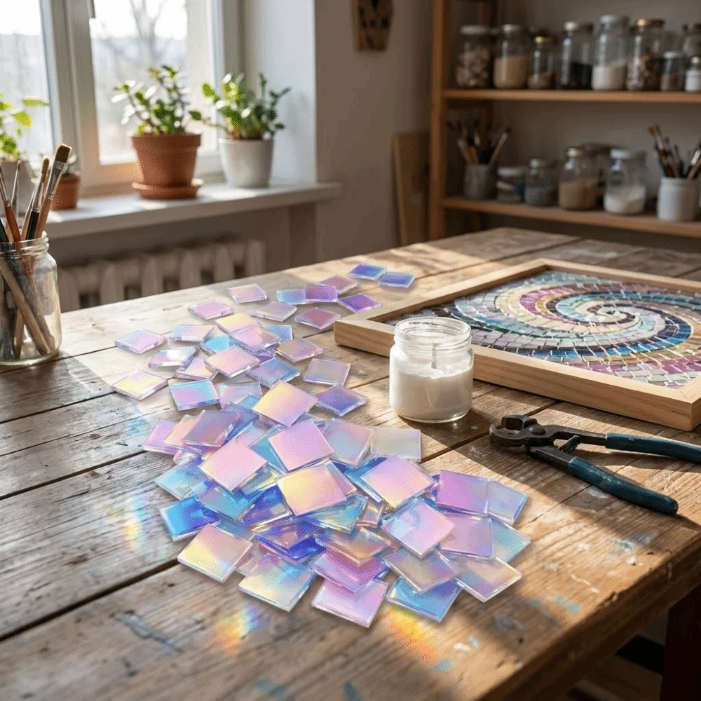 50Pcs Rainbow Radiant Acrylic Sheets Square Mini Iridescent Acrylic Double-Sided Mosaic Art Holo Plexiglass Tiles