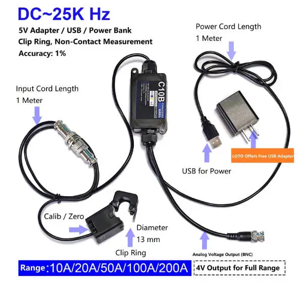 LOTO Standard Current Probe(Current Clip), Model C10B, AC/DC, 25KHz, Universally Compatible Oscilloscope Current Probe