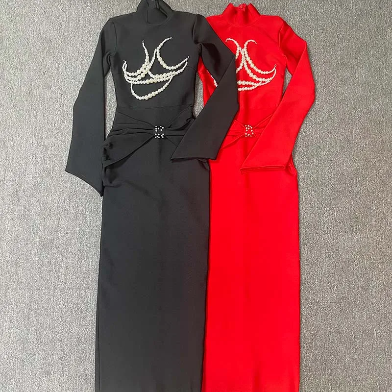 ชุดเดรสยาวรัดรูปสีแดงประดับคริสตัล แขนยาว คอเหลี่ยม ทรงเมอร์เมด สำหรับงานปาร์ตี้ งานราตรี งานพรอม